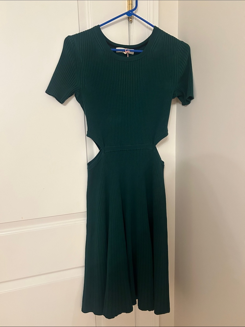Boden Forest Green Ribbed Short-Sleeve Midi Dress with Side Cutouts